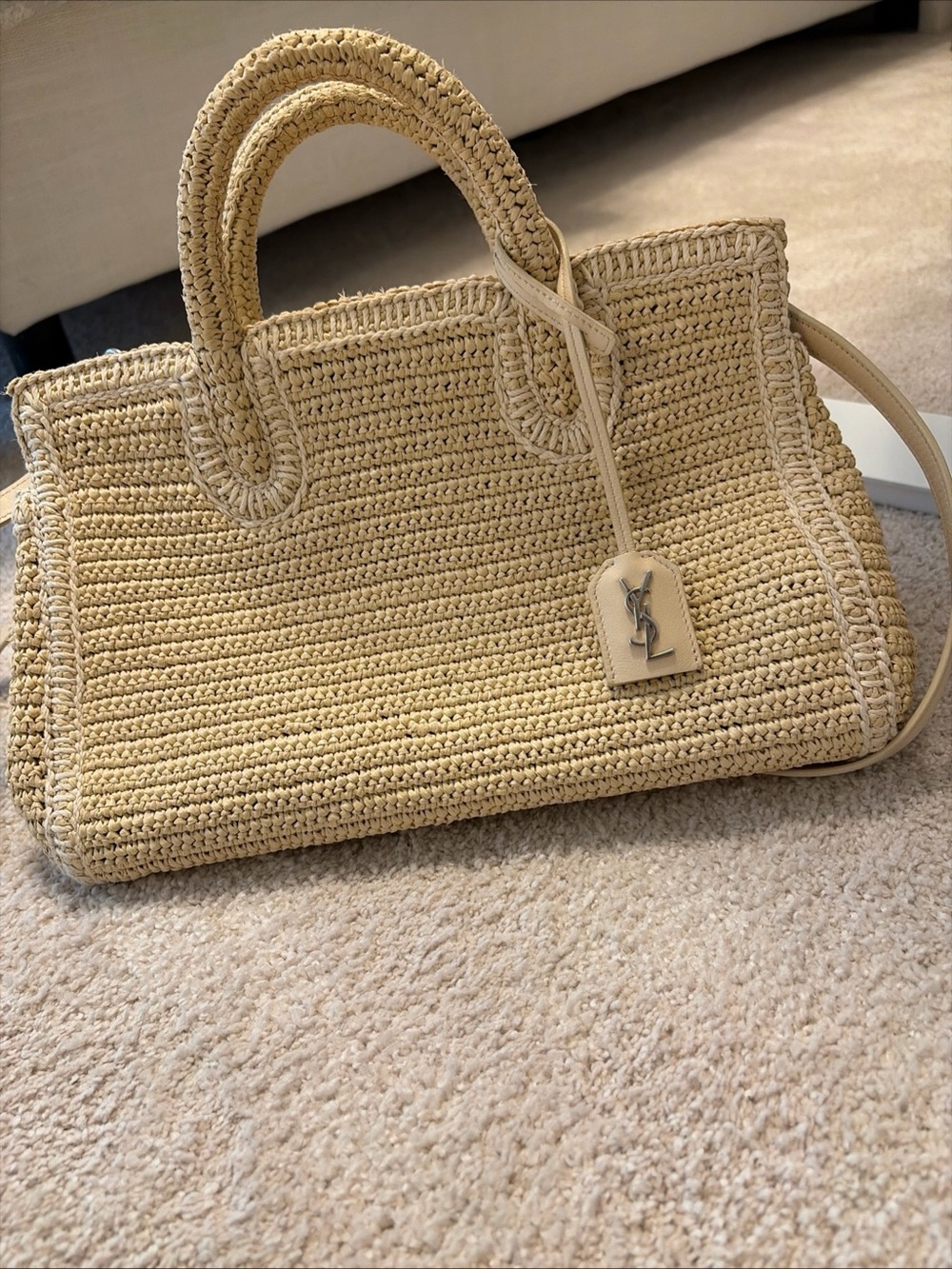 Saint Laurent YSL Rive Gauche Cabas Small Raffia Crochet Shoulder Tote Bag Beige